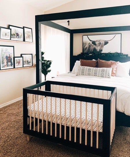 Nursery Room Shared With Parents, Master Room Nursery Combo, Small Bedroom With Nursery Shared Master, Sharing Nursery With Parents, Master With Nursery, Shared Space Nursery, Nursery Ideas In Parents Room Small Spaces, Parent And Nursery Shared Room, Shared Bedroom Nursery Ideas