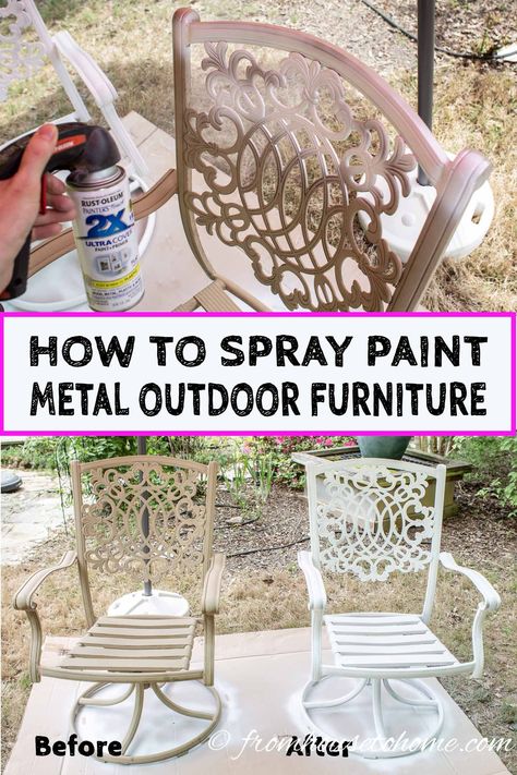 Learn how to paint metal patio furniture and the best type of paint to use for an easy and cheap way to upgrade your outdoor decor.  #fromhousetohome #spraypaint #patiosanddecks #gardening Spray Paint Metal Patio Furniture, Painted Patio Furniture, Painting Metal Outdoor Furniture, Spray Paint Metal, How To Paint Metal, Outdoor Spray Paint, Painted Outdoor Furniture, Decor Makeover, How To Spray Paint