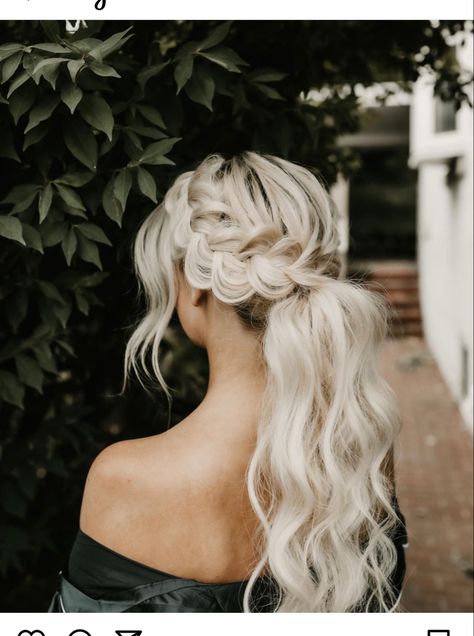 Hair Looks For Prom Ponytail, Wedding Bridal Hair Ponytail, Long Pony Updo Wedding, Boho High Ponytail Wedding, Updo Hairstyles For Prom Ponytail, Prom Updos Ponytail Braid, Big Braid Bridesmaid Hair, Volume Wedding Ponytail, Prom Hair Updo Ponytail Braided Pony