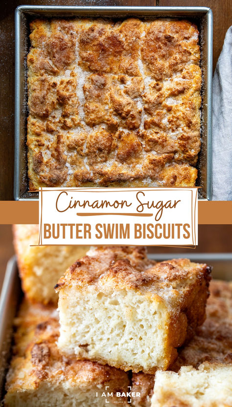 Cinnamon Sugar Butter Swim Biscuits are buttermilk biscuits baked in melted butter, brown sugar, and cinnamon and topped with more cinnamon and sugar. They are baked to golden brown with a fluffy interior and slightly crispy exterior. Just wait until you bite into one of these biscuits (I love the caramelized bottom crust, especially)! They are so buttery, full of cinnamon flavor, and delicious! Cinnamon Sugar Butter Swim Biscuits, Brown Sugar Cinnamon Muffins, Flavored Biscuits, Brown Sugar Bread, Recipes With Buttermilk, Savory Baked Goods, Cinnamon Sugar Butter, Butter Swim Biscuits, Swim Biscuits