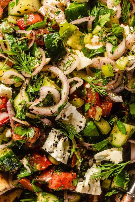 Simple Turkish Shepherd's Salad with Herbs — Zestful Kitchen Middle Eastern Salad Recipes, Shepherds Salad, Shepherd Salad, Turkish Food Traditional, Fresh Vegetable Salad, Salad With Herbs, Turkish Vegetables, Turkish Recipe, Turkish Salad