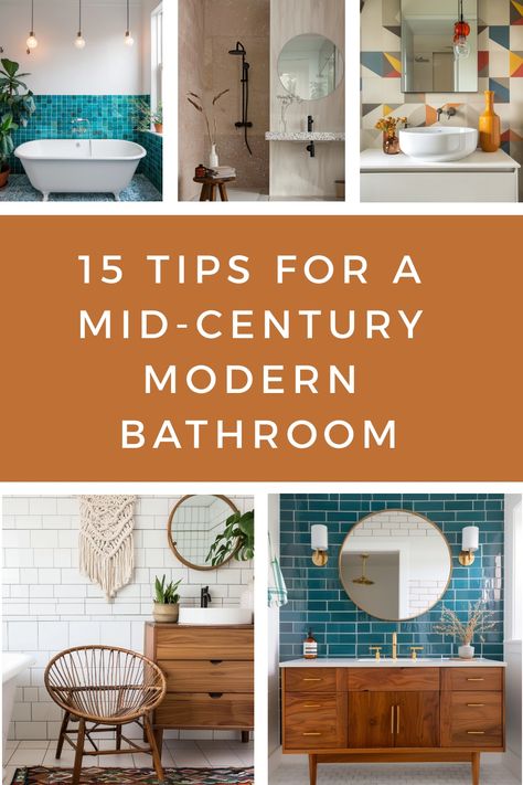 Get the perfect mid-century modern bathroom with these tips. Mid Century Modern Tub Shower Combo, Mid Century Rustic Bathroom, Midcentury Modern Bathroom Ideas, Mid Mod Bathroom Tile, Mcm Vanity Light, Small Bathroom Ideas Mid Century Modern, Small Bathroom Vintage Ideas, Midcentury Modern Bathroom Tile, Midcentury Powder Room Ideas