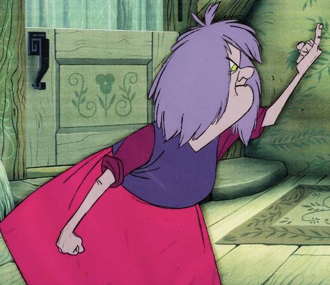 The Sword in the Stone Madam Mim Production Cel (Walt Disney, 1963). In this scene, Madam Mim declares that she has more magic and wonder in a single finger than Merlin has in his whole body. This is an original hand-painted production cel of Madam Mim, the great Disney villain from the 1963 animated feature The Sword and the Stone. She was animated by two of Disney's legendary "Nine Old Men," Milt Kahl (who designed the character, refining storyboard sketches from Bill Peet), and Frank Thomas. Merlin Characters, Madam Mim, Bill Peet, Milt Kahl, Character Design Disney, Descendants Dr, Classic Characters, Anime Face, Frank Thomas