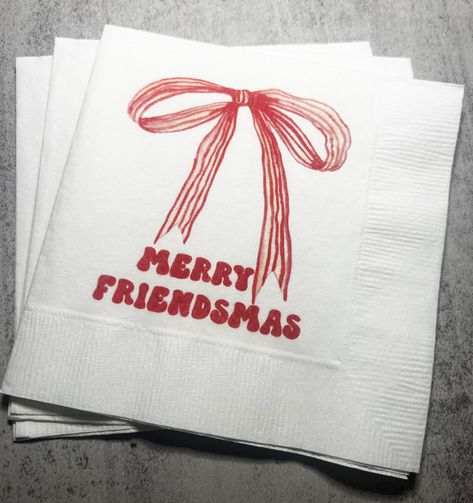 "These beautiful white cocktail napkins are perfect for that Friendsmas or Christmas Party you are planning! These 3 ply white cocktail napkins are approximately 5x5, and are printed with design and wording as shown. Please note these napkins come as shown, there are no other customization options at this time. If you have any questions about this item, please contact seller before ordering. Please also take special attention to production time and make sure and put your event date into notes wh Merry Friendsmas, White Cocktails, Christmas Cocktail, White Cocktail, Christmas Cocktails, Dinner Napkins, Christmas Dinner, Cocktail Napkins, Funny Christmas