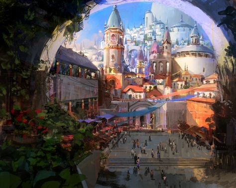 ArtStation - garden village, JC Jongwon Park Landscape Concept, Fantasy City, Fantasy Setting, Fantasy Places, Fantasy Art Landscapes, Fantasy Concept Art, Environment Design, 판타지 아트, Environment Concept Art