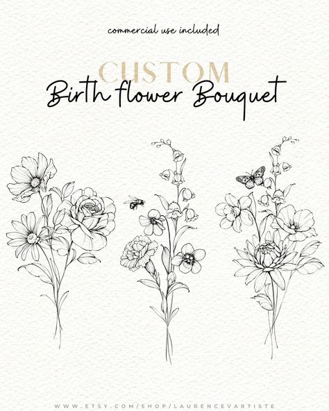 Custom Birth Flower Tattoo, Sibling Birth Flower Tattoos, Birth Flower Tattoos For Kids, Birthmonth Flower Tattoos Bouquet, Month Flower Bouquet Tattoo, April Flower Tattoo Birth Month, Kids Birth Flower Tattoo Ideas, Birth Flower Tattoos Bouquet, Family Flower Bouquet Tattoo