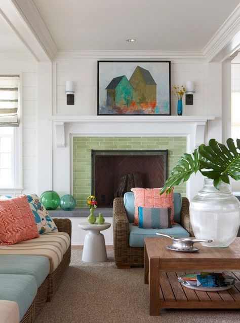 Colorful Transitional Dining Room Beach Style Living Room, Beach Theme Living Room, Tile Fireplace, Fireplace Tile Surround, House Of Turquoise, Style Deco, Green Tile, Fireplace Tile, Living Room With Fireplace