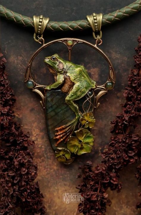 Raven Jewelry, Frog Jewelry, Art Nouveau Pendant, Metalwork Jewelry, Metalsmithing Jewelry, Soldering Jewelry, Polymer Clay Miniatures, Assemblage Jewelry, Polymer Jewelry