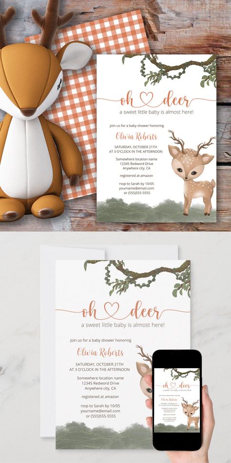 Oh Deer gender neutral woodland baby shower Invitation Oh deer, a sweet little baby is almost here! Cozy autumn watercolor design featuring modern handwritten style script, cute baby deer and plaid pattern on the back. The text can easily be personalized for a unique one of a kind design for your special day. Oh Deer A Little Buck Is Almost Here, Oh Deer Baby Shower Boy, Deer Baby Shower Boy, Nuetral Nursery, Deer Gender, Deer Baby Shower Invitations, Deer Baby Showers, Autumn Watercolor, Woodland Baby Shower Invitations