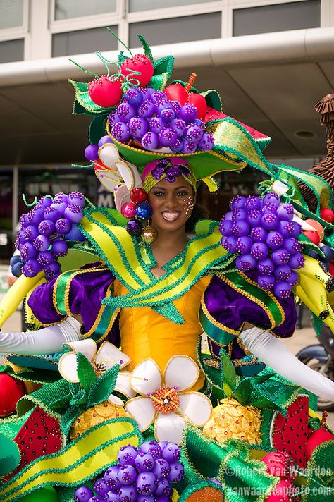 A woman shows off her outfit covered with fake fruit before the start of the parade for the ZomerCarnaval (Summer Carnival) in Rotterdam, the Netherlands. The street parade is the colorful high point of the Rotterdam carnival. It is a tropical themed parade with over 2000 participants and travels 6km through the center of Rotterdam. Fruit Costumes, Dance Crafts, Easter Costume, Carnival Decorations, Summer Carnival, Caribbean Carnival, Fake Fruit, Mardi Gras Decorations, Summer Theme