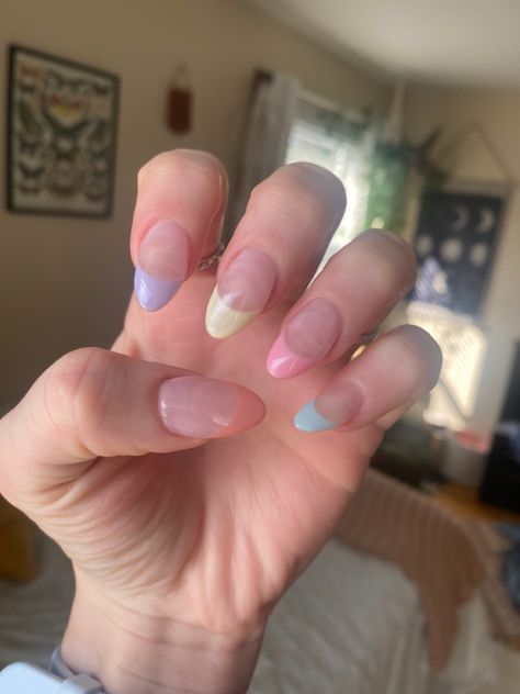 Almond shaped nails with pastel french tips Pastel French Tip Nails Almond, Spring Break Nails, Multicolored Nails, Foil Nail Art, May Nails, Unicorn Nails, Broken Nails, Almond Shape Nails, Foil Nails