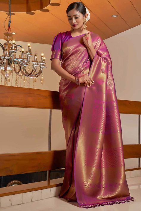 Product Features: Saree Color: Wine Blouse Color: Wine Saree Fabric: Kanchipuram Raw Silk Blouse Fabric: Kanchipuram Raw Silk Saree Work: Woven Blouse Work: Brocade Saree Length: 5.5 Meter Blouse Length: 0.8 Meter Occasion: Festival Disclaimer: There will be slight difference in digital to actual image Saree Purple, Wedding Wear Saree, Indian Wedding Gowns, Purple Weave, Brocade Saree, Purple Saree, Raw Silk Saree, Kanjivaram Silk Saree, Magenta Purple