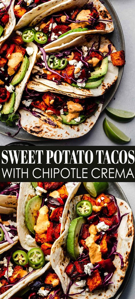 Sweet Potato Tacos topped with a zesty chipotle crema, are the best healthy, plant based way to enjoy a vegetarian taco night! Sweet Potato Tacos Recipes, Tacos Sweet Potato, Healthy Potato Leek Soup, Mexican Sweet Potato, Sweet Potato Burrito, Vegetarian Taco, Chickpea Tacos, Healthy Taco, Chipotle Crema