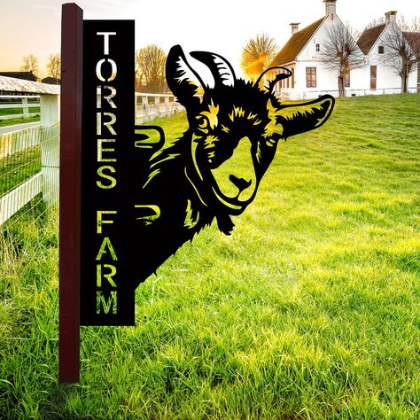 PRICES MAY VARY. Personalized Goat Farm Sign: Add a unique and personal touch to your farm, outdoor garden, or man cave with this custom goat metal sign. A gift that speaks to goat lovers and brings an artistic humor. Practical and Versatile: Metal farm signs crafted from high-quality 14 gauge steel, crafted to withstand outdoor conditions. these signs can withstand various weather conditions, making them a long-lasting addition to your outdoor decor. Not just decorative, custom metal sign adds Farm Signs Entrance Driveways Rustic, Farm Signs Ideas, Goat Decor, Farm Signs Entrance, Custom Farm Signs, Tag Signs, Metal Farm Sign, Custom Welcome Sign, Animal Signs