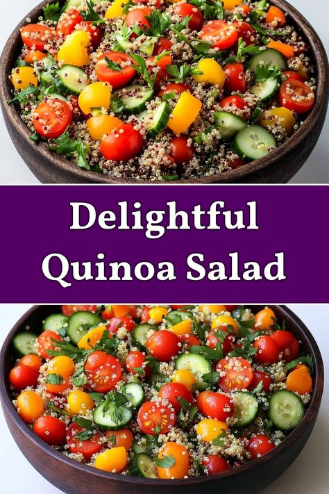 Bursting with vibrant colors and flavors, this Delightful Quinoa Salad is not just a feast for the eyes but also a delicious and nutritious addition to your meal. Combining fluffy quinoa with juicy cherry tomatoes, crunchy cucumbers, and sweet bell peppers, it's a refreshing dish perfect for any occasion. Tossed with fresh herbs and a zesty dressing, it's sure to become a go-to recipe in your kitchen! Quinoa Cucumber Salad, Quinoa Meals, Quinoa Salad Dressing, Rotini Pasta Salad, Pumpkin Cream Cheese Bread, Fluffy Quinoa, Pork Chop Recipes Grilled, Quinoa Dishes, Quinoa Salad Recipe