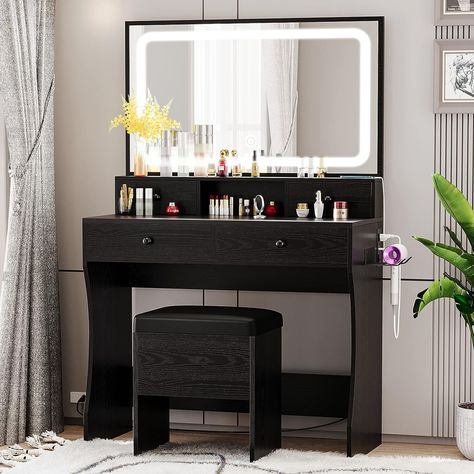 LIKIMIO Vanity Desk with LED Lighted Mirror & Power Outlet & 4 Drawers, Dressing Makeup Table Set with Storage Stool and Hair Dryer Stand, Black Makeup Vanity Table, Storage Bench Bedroom, Vanity Benches, Makeup Table Vanity, Lighted Mirror, Storage Stool, Bedroom Bench, Vanity Desk, Modern Vanity