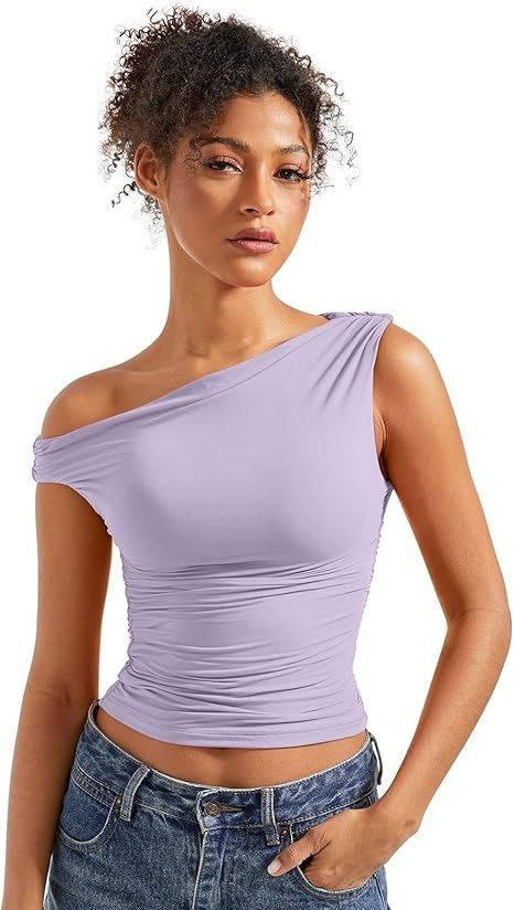 SUUKSESS Women Off Shoulder Tops Sleeveless Shirts Y2K Going Out Crop Tank Top at Amazon Women’s Clothing store Purple Shirt Outfits, Sleeveless Tops For Women, Light Purple Shirt, Purple Drapes, Shirts Y2k, Y2k Shirts, Lilac Top, Sleeveless Shirts, Shoulder Tops