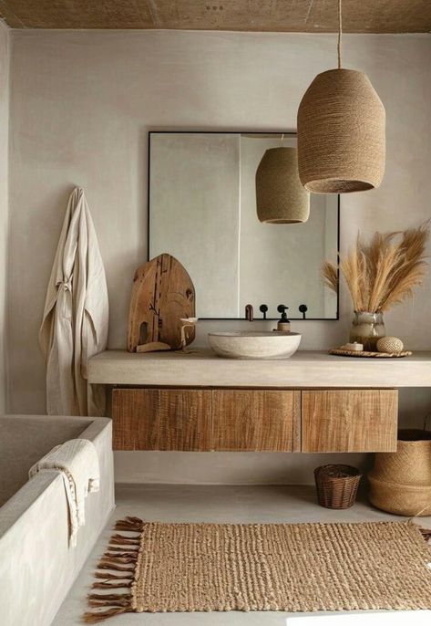 Sandy Bathroom, Bali Bathroom, Sage Interior, Zen Bathroom Design, Bohemian Bathroom Decor, Stile Boho Chic, Bohemian Bathroom, Zen Bathroom, Boho Bathroom Decor