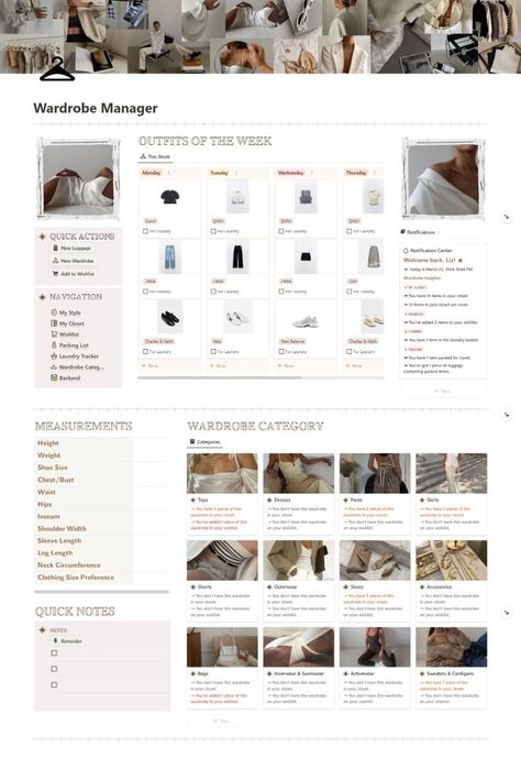 #Organisation #Fashion_Notion_Template #Notion_Closet_Template #Notion_Fashion_Template Notion Closet Template, Notion Fashion Template, Notion Outfit Planner, Notion Wardrobe Template, Hobbies Notion, Notion Ideas Personal, Notion Wardrobe, Wardrobe Template, 2024 Notion