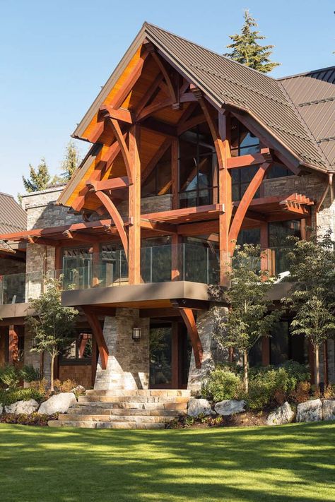 Modern timber frame home in Whistler designed for entertaining Modern Timber Frame Homes, Modern Timber Frame, Modern Cottage Homes, Timber Frame Plans, Mountain Home Exterior, Timber Frame Barn, Timber Frame House, Timber Frame Home, Homes Exterior