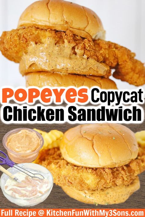 This copycat Popeyes Chicken Sandwich Recipe is so easy to make at home. Crispy and juicy fried chicken served on a brioche bun, then topped with spicy mayo and pickles. Spicy Chicken Sandwich Popeyes, Deep Fried Chicken Sandwich, Sauce For Fried Chicken Sandwich, Popeyes Chicken Sandwich Recipe Copycat, Copycat Popeyes Chicken Sandwich, Popeyes Chicken Recipe, Copycat Popeyes Chicken, Popeyes Spicy Chicken Sandwich, Popeyes Spicy Chicken Recipe