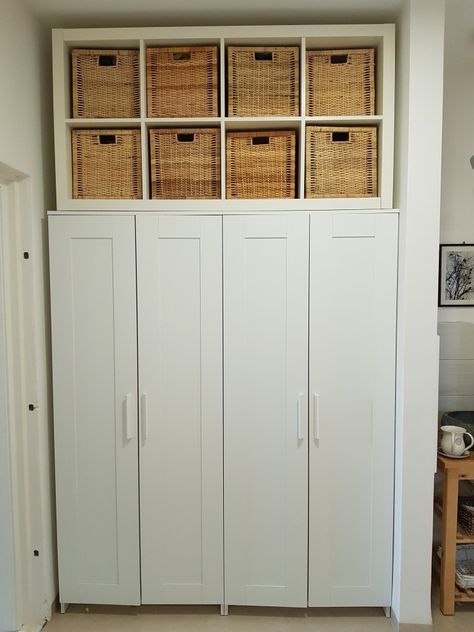 Use of dead area for storage. Ikea Brimnes and Kallax on it Ikea Brimnes Wardrobe Organization, Brimes Ikea Wardrobe Hack, Kallax Wardrobe Hack, Brimnes Wardrobe Hack, Brimnes Cabinet Hack, Ikea Brimnes Cabinet, Brimnes Ikea, Hemnes Wardrobe, Ikea Brimnes Wardrobe