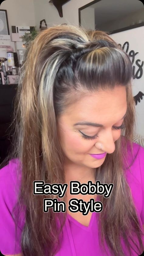 Gina Dinko | The easiest way to keep hair out of your eyes with just a handful of bobby pins! 🩷💜 #hair #hairhack #hairstyle #easyhairstyles #ginadinko... | Instagram Ways To Do Hair Easy, Hair Forks Hairstyles, Hair Dos For Straight Hair, Quick Hairstyles For Straight Hair, One Hair Tie Hairstyles, Easy Ponytail Hairstyles Medium, Pin Back Hair, Krimped Hairstyles, How To Style Straight Hair