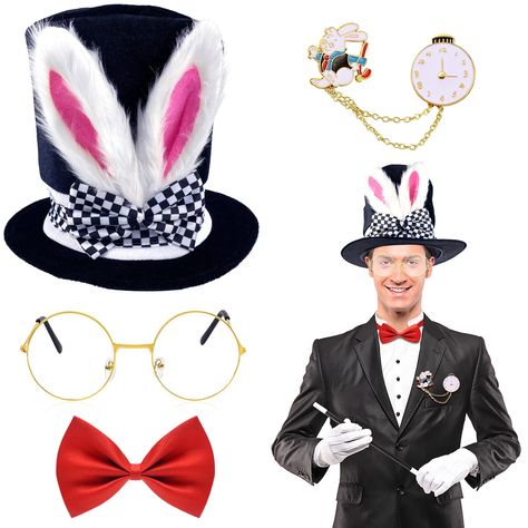 PRICES MAY VARY. Elastic closure Dry Clean Only 🐰[Package includes] Cute white rabbit costume set includes rabbit ear hat, classic red bow tie, gold frame glasses, white rabbit and clock pin, suitable for Easter parties, celebrations and masquerades, and can be matched with various styles of dressing. 🐇[High quality] The rabbit ears on the top hat are made of high-grade plush, with good texture and feel, non-toxic, tasteless, and will not fall off and will not fade. The hat is made of velvet f Hat With Bunny Ears, White Rabbit Costume, White Rabbit Costumes, Easter Accessories, Top Hat Costume, Rabbit Halloween, Rabbit Accessories, Mad Hatter Costume, Easter Costume