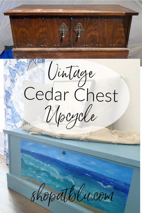 Upcycled Cedar Chest Trunk - Shop at Blu Wooden Chest Makeover, Trunk Makeover, Chest Makeover, Hope Chests, Ocean Wave Painting, Chest Trunk, Sea Scape, Thrift Store Decor, Refinished Furniture