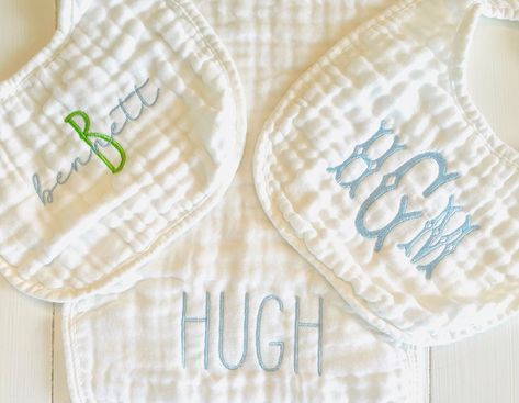 Gorgeous Monogrammed or Personalized Baby Soft Muslin Bibs and Burb Cloths These 100% cotton baby muslin bibs and burp cloths are SO sweet and makes the perfect special baby shower girt or coming home gift!  They are DARLING! Purchase individually or as a set!  Each item will be monogrammed/personalized in your choice of color and monogram/font.   Please enter your monogram and/or font choice as well as color selection from the chart included in the listing in the personalization section.  Pleas Burb Cloth, Muslin Bib, Machine Applique Designs, Baby Monogram, Perfect Baby Shower, S Monogram, Machine Applique, Perfect Baby Shower Gift, Burp Cloth