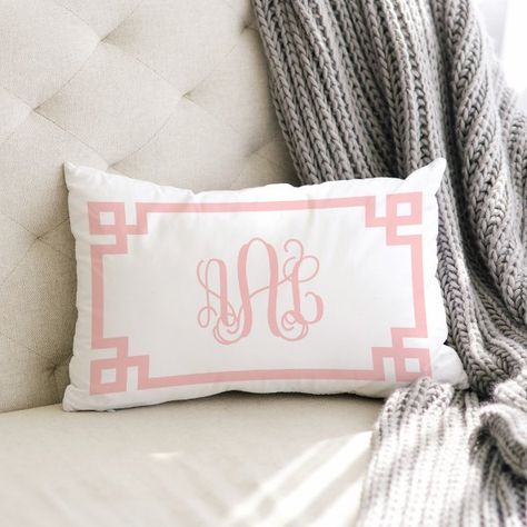 AAL Light Pink Greek Key Script Monogram Lumbar Pillow Girl Dorm Decor, Sorority Decorations, Throw Pillows Dorm, Sorority Room, College Bedroom Decor, Dorm Pillows, Girly Preppy, Preppy Decor, Monogram Pillows