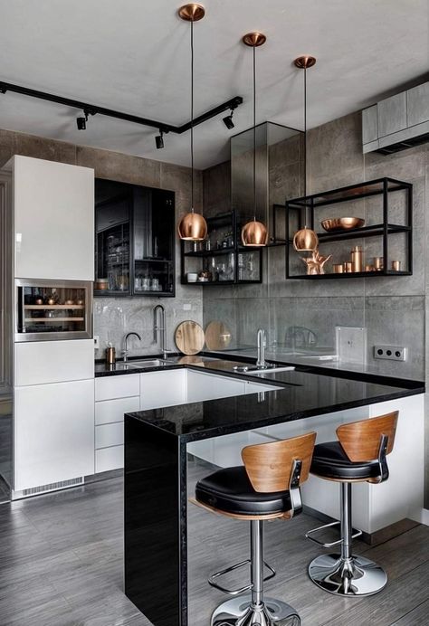 Kitchen Copper Accents, Kitchen With Black Accents, Sleek Modern Kitchen, Kitchen Copper, Modern Minimalist Kitchen, Black Countertops, Copper Decor, Copper Pendant Lights, Copper Accents