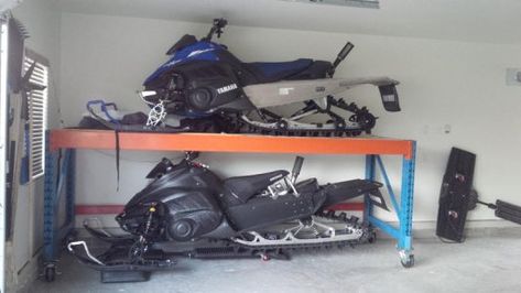 Snowmobile Storage Rack, Snowmobile Gear Storage, Snowmobile Storage, Snowmobile Lift, Beach Garage, Atv Storage, Electric Winch, Mobile Storage, Build Something