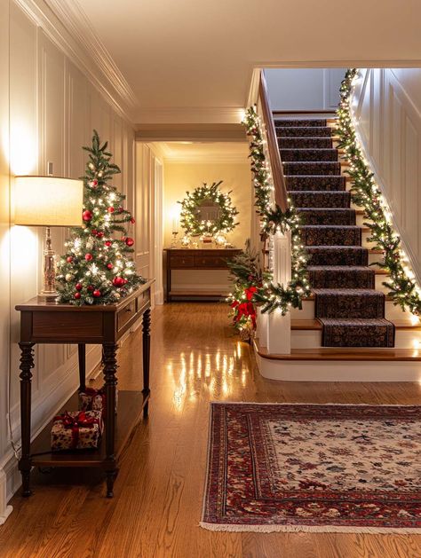 christmas entryway table decor 26 Christmas Tree Ideas With Garland, Bottom Of Steps Decor, Holiday Stairs Decorations, Garland Wrapped Staircase, Christmas Tree Staircase, Christmas Decor Banister, Christmas Decoration Staircase, Wall Staircase Decor, Christmas Decoration Stairs