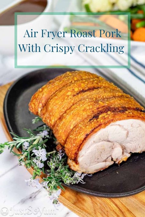 This super juicy pork roast with crispy crackling is one the family will love. Super easy to make and a great alternative method to cooking it in the oven. Air Fryer Pork Crackling, Pork Loin Roast Air Fryer, Air Fry Pork Loin Roast, Porkloin Airfryer Recipes, Airfryer Pork Roast, Airfryer Pork Loin Roast, Air Fried Pork Loin, Roast Pork In Air Fryer, Air Fryer Rotisserie Pork Loin