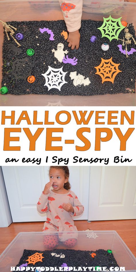 Halloween Eye-Spy Sensory Bin - HAPPY TODDLER PLAYTIME #halloween #halloweenactivities #toddler #toddleractivities #kidsactivities #preschool #kindergarten #happytoddlerplaytime Soup Halloween, Halloween Sensory Bin, Sensory Play Toddlers, Halloween Sensory, Easy Halloween Party, Sensory Activities Toddlers, Halloween Preschool, Diy Halloween Decor, Sensory Bottles