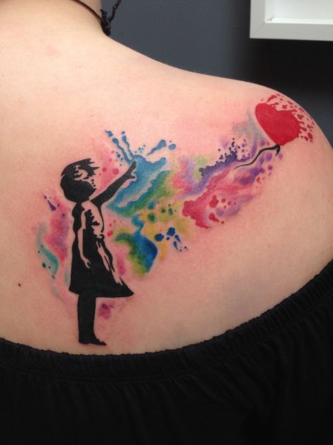 Banksy watercolour tattoo by Toby Harris Thigh Tattoo Simple, Delirium Sandman, Banksy Tattoo, Balloon Watercolor, Delicate Tattoos For Women, Watercolor Rose Tattoos, Unicorn Tattoo, Balloon Tattoo, Small Dragon