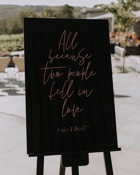 Sleek black + rose gold 🖤 There is something so special about turning a meaningful quote into art for a day of celebrating love and keeping it long after ✨ Captured by @white_shutter_photography Styling @popupwithstyle Clear Acrylic Sign, Engagement Event, Groom Sign, Engagement Signs, Welcome Wedding Sign, Engagement Events, Event Signage, Event Sign, Wooden Wedding