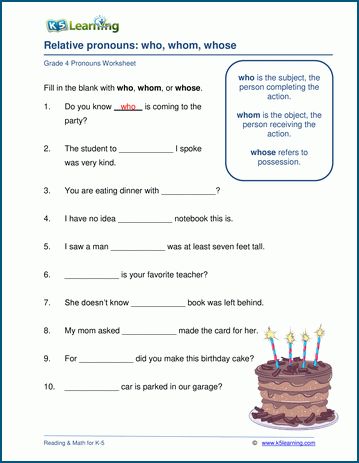 Grade 4 Pronouns Worksheets | K5 Learning Free Pronoun Worksheets, Reflexive Pronouns Worksheet, Personal Pronouns Worksheets, Pronouns Worksheet, Kindergarten Word Families, Relative Clauses, Good Study Habits, Relative Pronouns, English Worksheets For Kindergarten