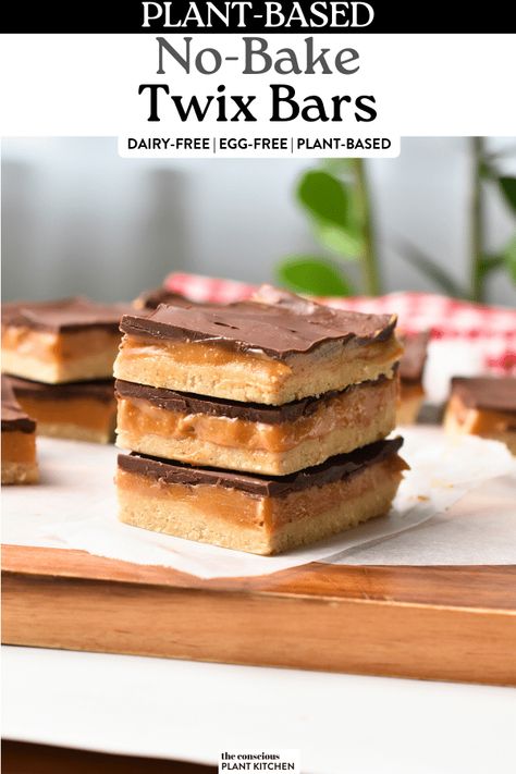 No-Bake Twix Bars No Bake Twix Bars, Clean Cookies, Conscious Plant Kitchen, Twix Bars, Peanut Butter Oatmeal Bars, Vegan Biscuits, Twix Bar, Raw Vegan Desserts, Instagram Recipes