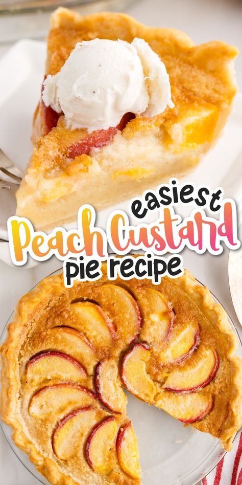 This creamy peach custard pie is the best way to celebrate peach season! Prep work is minimal and it's ready in just 45 minutes, making it one of our favorite summer desserts. Each bite is filled with sweet custard, a buttery crust, and juicy peaches. Open Face Peach Pie, Peach Custard Pie Recipes, Peach Pie With Frozen Peaches, Peach Custard Pie, Peach Custard Pies, Peach Custard, Mini Pumpkin Pies Recipe, Chocolate Cherry Pie, Wine Slushie Recipe