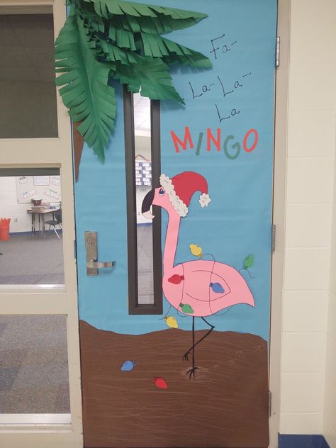 Classroom Musical Christmas Door with flamingo Christmas Theme Door Decorations, Mele Kalikimaka Door Decorations, Tropical Christmas Door Decorations, School Christmas Bulletin Board Ideas, Classroom Door Decorating, Christmas Doors, Hello Christmas, Winter Bulletin, Silver Room