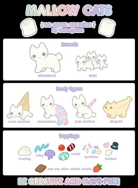 Mallow Cats Offical Reference (2017) by https://www.deviantart.com/dreamywren on @DeviantArt Open Species, Drawing Ideas List, Creature Drawings, Fantasy Creatures Art, Mythical Creatures Art, Creature Concept Art, Creative Drawing, Creature Concept, Cute Animal Drawings