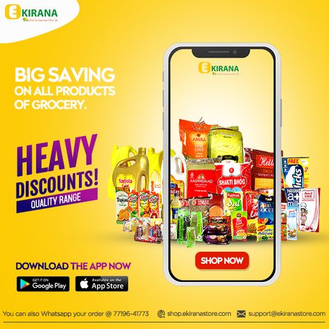 For the Heavy discounts, Download the Ekirana App Now.  WhatsApp your order at 91-7719641773 and we will deliver at your home within 59 minutes. Download Ekirana App: https://play.google.com/store/apps/details… Website: http://shop.ekiranastore.com/ Contact Number: 91-7719641773 Email: support@ekiranastore.com #ekiranastore #groceryshopping #grocery #personalcare #babycare #foodgrain #beverages #kirana #zirakpur #Mohali #kharar #chandigarh #panchkula #healthcare #medicines #bestdeals Supermarket Advertising Design, Delivery App Poster Design, Download The App Ads, Download App Poster, Mobile Advertising Design, Grocery Store Ads, Grocery Ads, Social Media Branding Design, Poster Design Layout