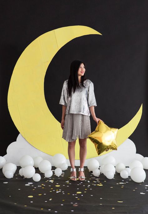 Giant Moon Backdrop DIY | Oh Happy Day! Giant Moon Backdrop, Moon Backdrop, Eclipse Party, Space Theme Party, Outer Space Party, Backdrop Diy, Moon Party, Space Birthday Party, Galaxy Theme