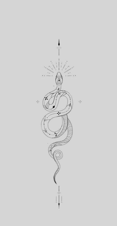 Simple Tattoos For Forearm, Ornamental Snake Tattoo Design, Serpent Back Tattoo, Fine Line Tattoo Sternum, Ornamental Snake Tattoo, Celestial Snake Tattoo, Snake Line Tattoo, Pretty Snake Tattoo, Sternum Snake Tattoo