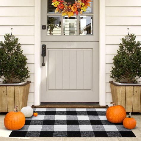 PRICES MAY VARY. Simple Buffalo Plaid Doormat: Our black and white outdoor mat is 23.6 x 35.4 inch. The style of our fall door mat is simple and generous, will not be easily soiled, and will make your home look warmer. Durable Material Fall Decorations for Home: Our checkered rug is made of 45% cotton, 45% polyester and 10% viscose. The fall decor is soft and very thick, tough and not easily deformed, and can be reused after washing. Easy to Clean Fall Home Decor: Our buffalo plaid fall door mat Fall Door Mat, Porch Decor Fall, Porch Fall Decor, Fall Decorations For Home, Apartment Entrance, Front Door Farmhouse, Door Farmhouse, Buffalo Plaid Decor, Farmhouse Entryway