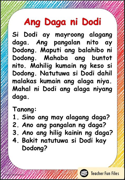 Teacher Fun Files: Filipino Reading Materials with Comprehension Questions Maikling Kwento Na May Katanungan, Kwentong Pambata Tagalog With Questions, Kwentong Pambata Tagalog, Filipino Grade 2 Pagbasa, Filipino Reading Comprehension, Tagalog Reading Grade 2, Elementary Reading Comprehension, 1st Grade Reading Worksheets, Filipino Words