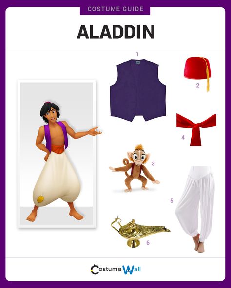 Dress Like Aladdin from the Disney movie. See additional costumes and cosplays of Aladdin. Aladdin Costume Kids, Homemade Mermaid Costumes, Aladdin Costume, Costume Guide, Toy Story Costumes, Turtle Costumes, Greek Goddess Costume, Goddess Costume, Cowgirl Costume