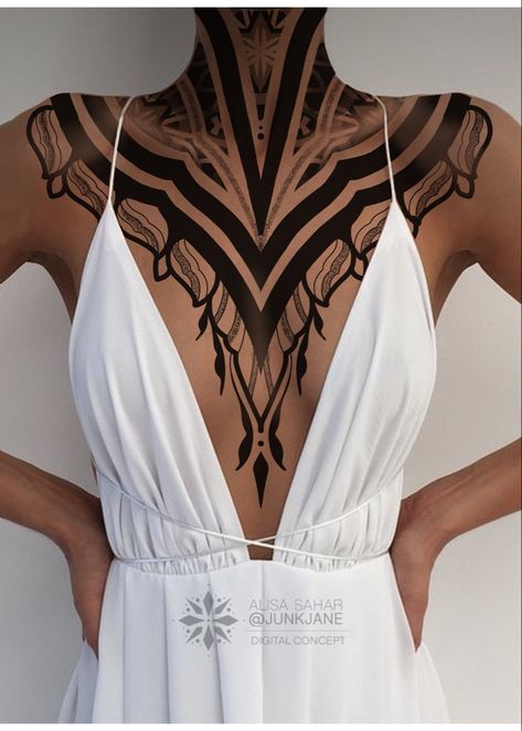 #tattooideas #aesthetic #tattooforwomen #tattooart #geometrictattoos #blacktattoo #blacktattooart Geometric Tattoo Women, Geometric Throat Tattoo, Front Neck Tattoo, Filigree Tattoo, Full Tattoo, Throat Tattoo, Tattoo Skin, School Tattoo, Back Women